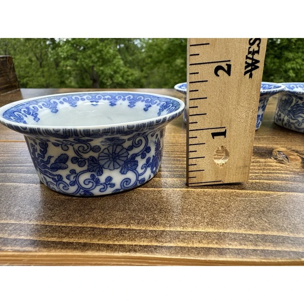 Blue White Porcelain Ramekins Set 4 Floral Bird‎ Chinoiserie Sauce Bowls